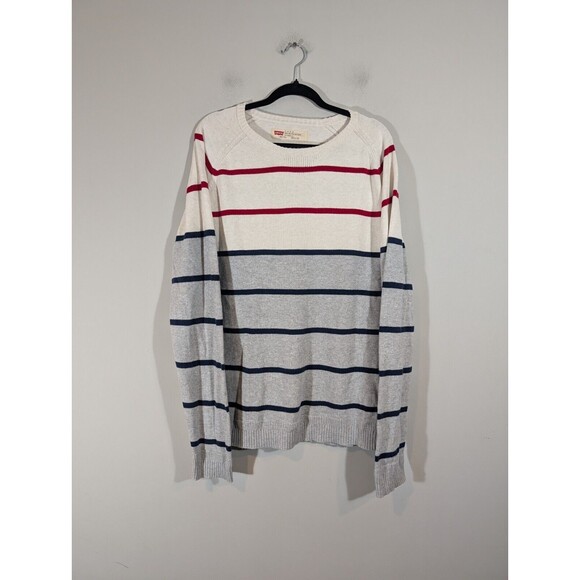 Levi's Sweater Men Sz XL Beige Grey Striped Long Sleeve Slim Fit Crew Neck Nerdy - Picture 1 of 7